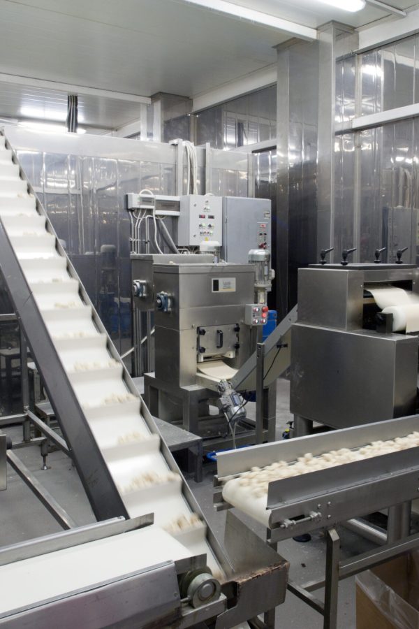 Automated production line in modern food factory. Ravioli production. People working.